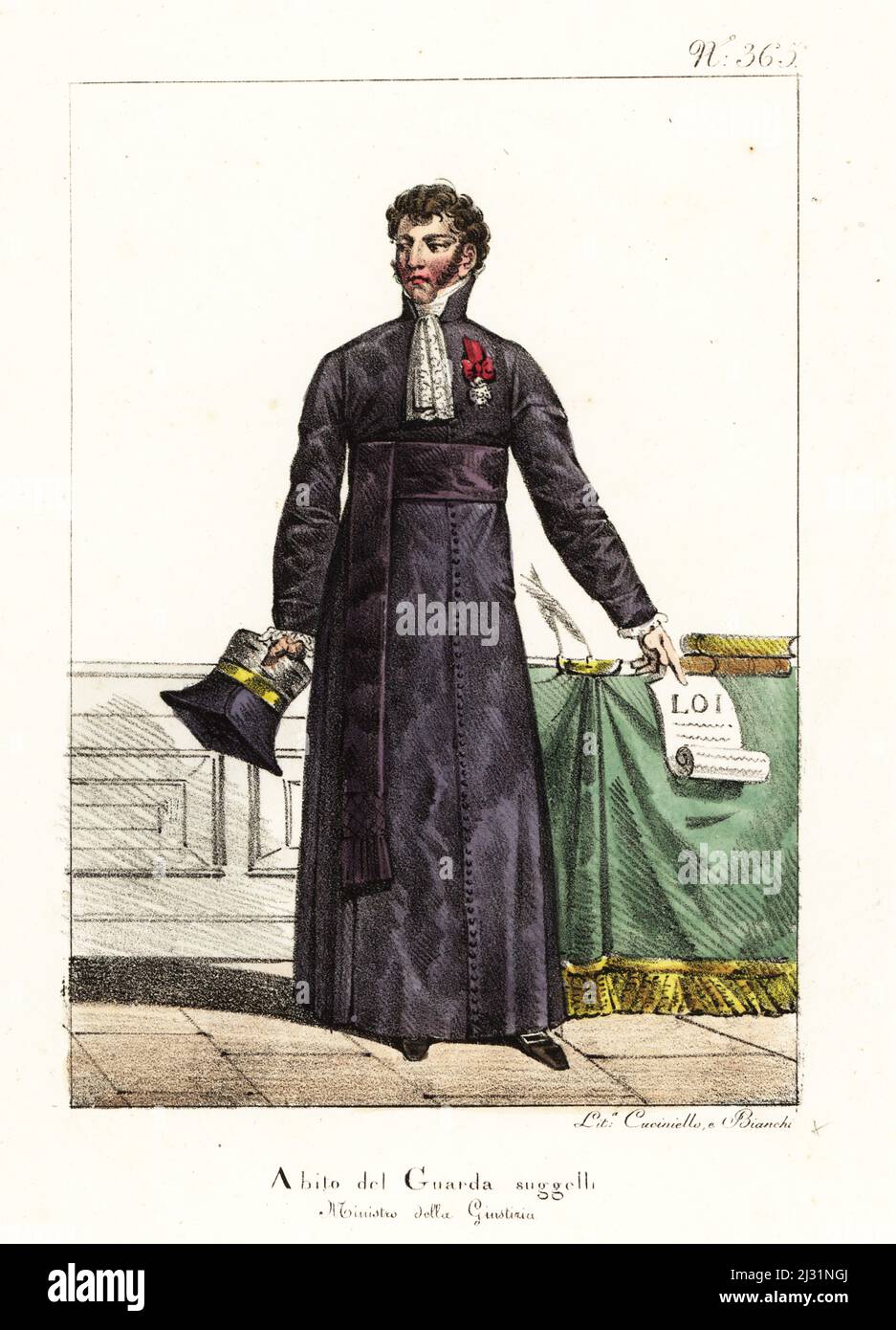 Kostüm des Siegelbewahrers, Justizminister, Bourbon-Restauration, Frankreich. In langer purpurner Robe mit Schärpe, weißer Cravate. Costume du Garde des Sceaux, Ministre de la Justice. Handkolorierte Lithographie von Lorenzo Bianchi und Domenico Cuciniello nach Hippolyte Lecomte aus Costumi civili e militari della monarchia francese dal 1200 al 1820, Neapel, 1825. Italienische Ausgabe von Lecomtes zivilen und militärischen Kostümen der französischen Monarchie von 1200 bis 1820. Stockfoto