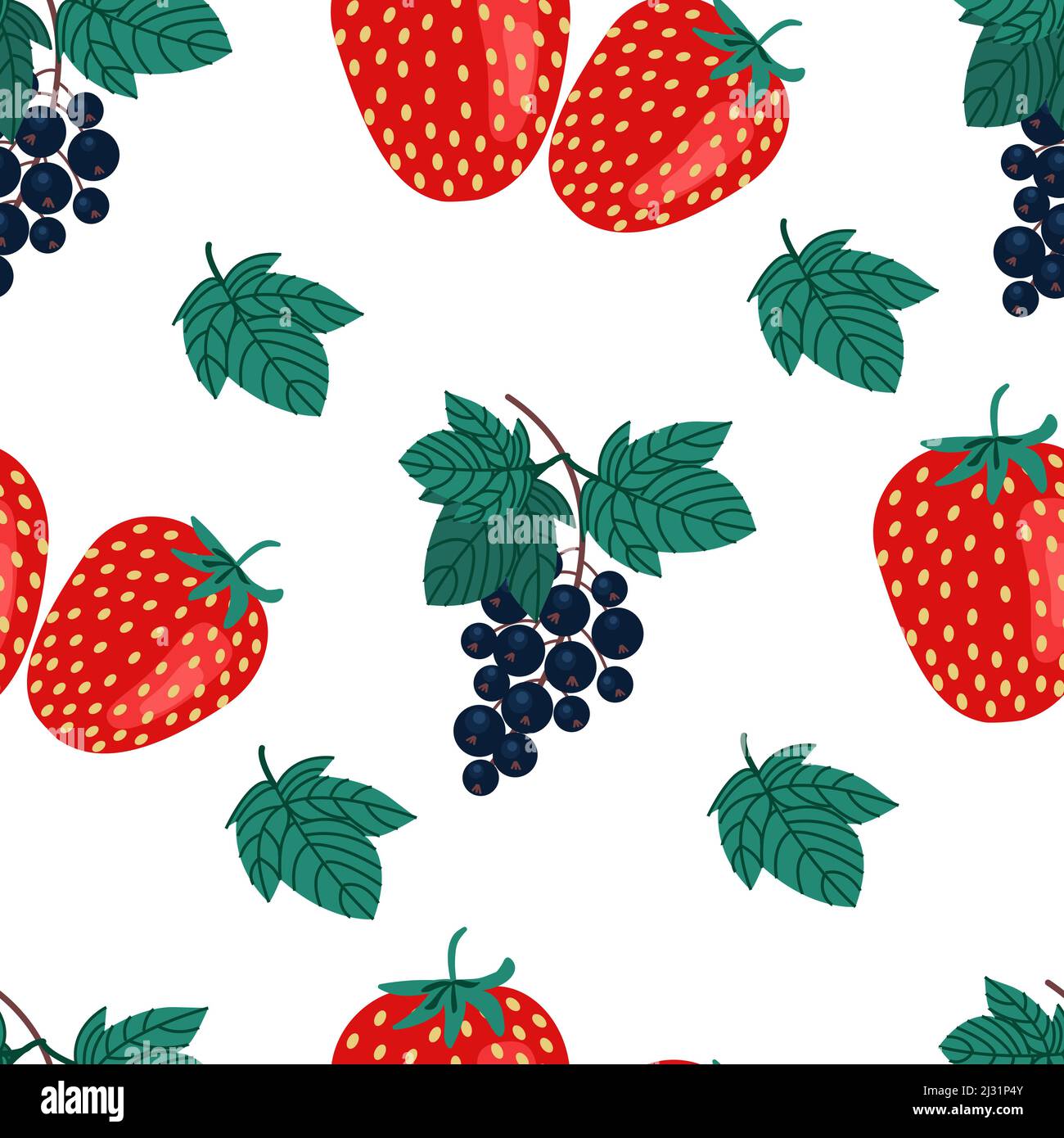 Reife schwarze Johannisbeeren und Erdbeeren mit nahtlosem Muster. Zweig der schwarzen Johannisbeere. Vitamin-Beeren. Vektorgrafik. Obstdruck Stock Vektor