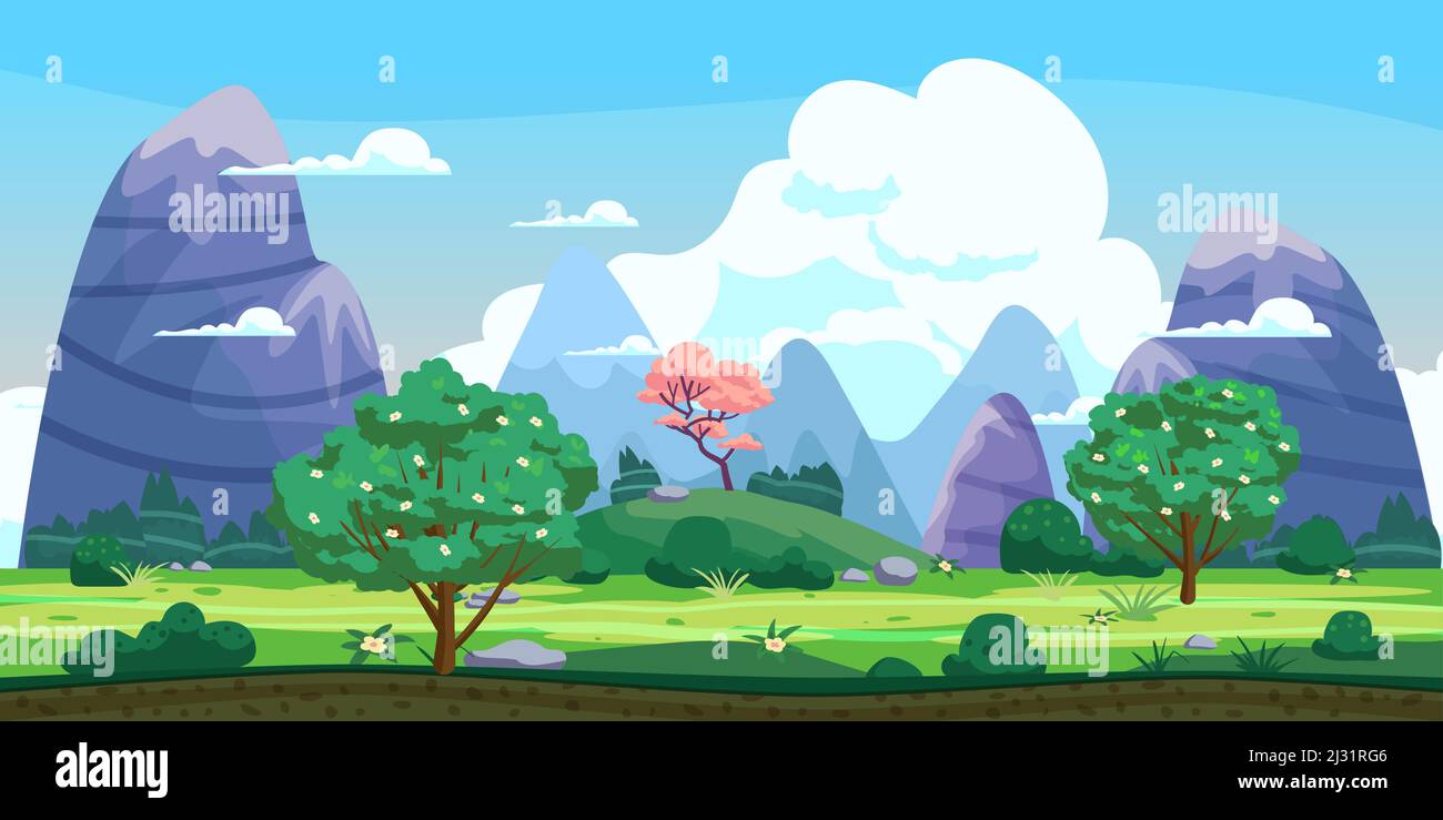Fantasy-Landschaft, grüne Hügel, Bäume, Frühling, Berge, Panorama. Vektorgrafik Cartoon Hintergrund Illustration Stock Vektor