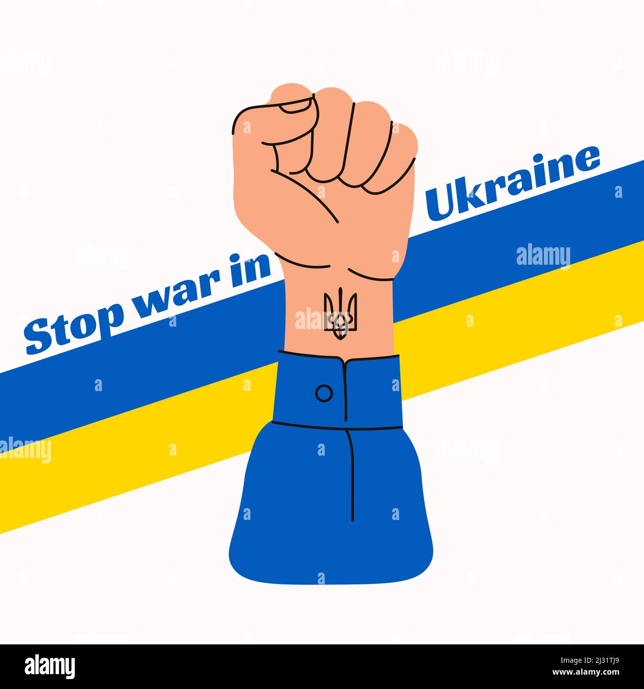 Beenden Sie den Krieg in der Ukraine. Erhobene Faust mit Dreizack-Tattoo. Rettet Die Ukraine. Vektorgrafik Stock Vektor