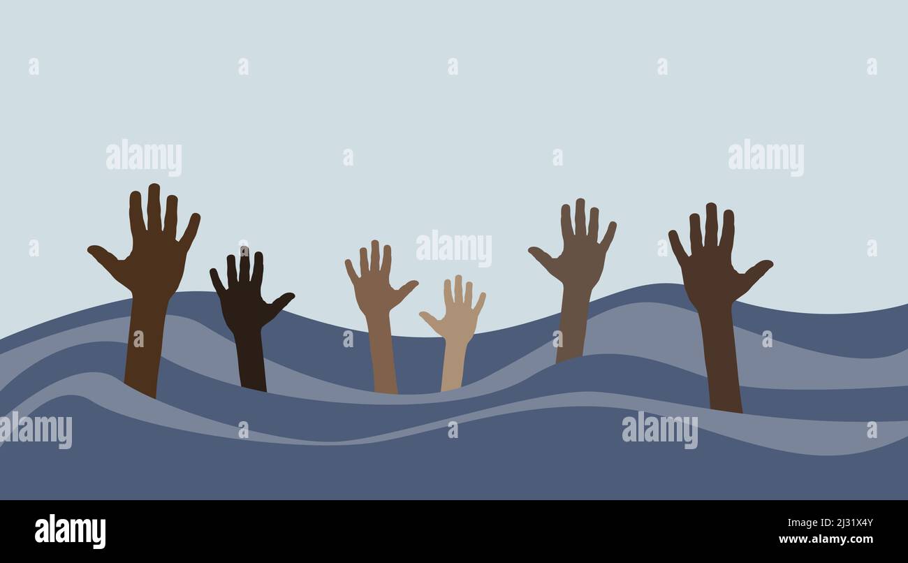 Hände von Migranten, die aus den Wellen des Meeres aufbrechen und um Hilfe bitten. Schiffbruch auf See, illegale Einwanderung. Vektorgrafik Stock Vektor