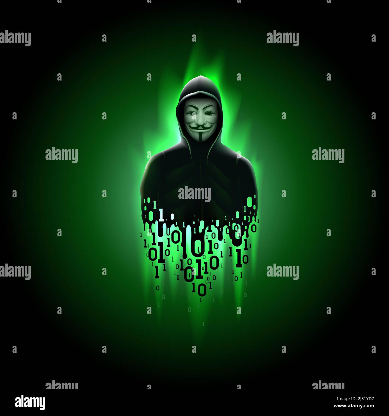 Silhouette anonymen Computer-Hacker in Hood mit Binärcode auf grünem Hintergrund. Anonymous Hacker Activist Group. Hacking Computer-System, Diebstahl von Stockfoto