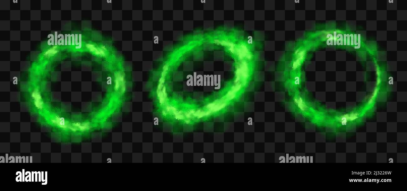 Grüne Rauchkreise, runde glühend Smog Wolken setzen, Dampf isoliert auf transparentem Hintergrund. Zigarettenringe, giftige Säure gefärbte magische Dampf Design elemen Stock Vektor