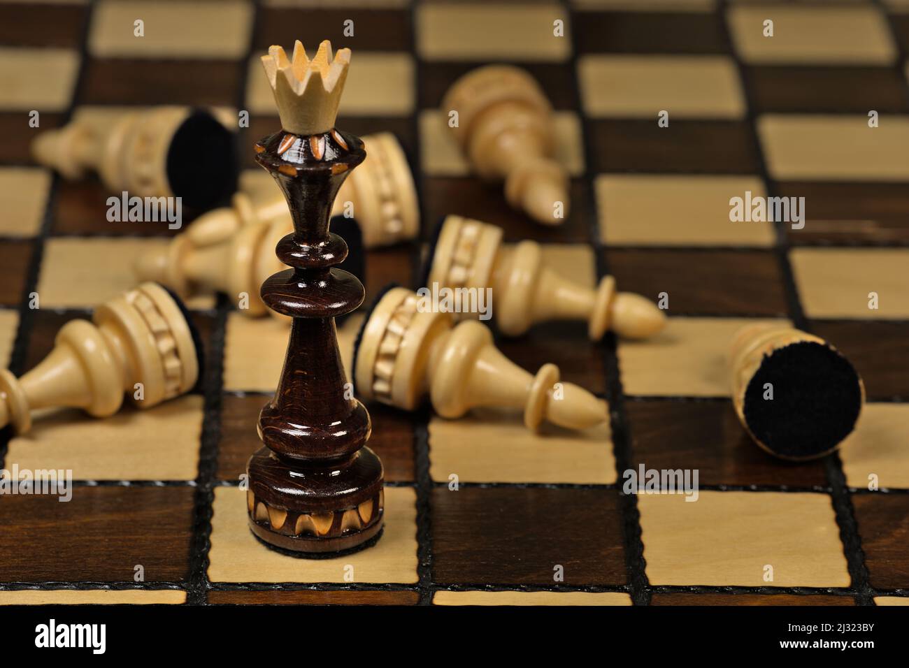 Schwarzer König, der auf einem Schachbrett vor den liegenden weißen Bauern steht Stockfoto