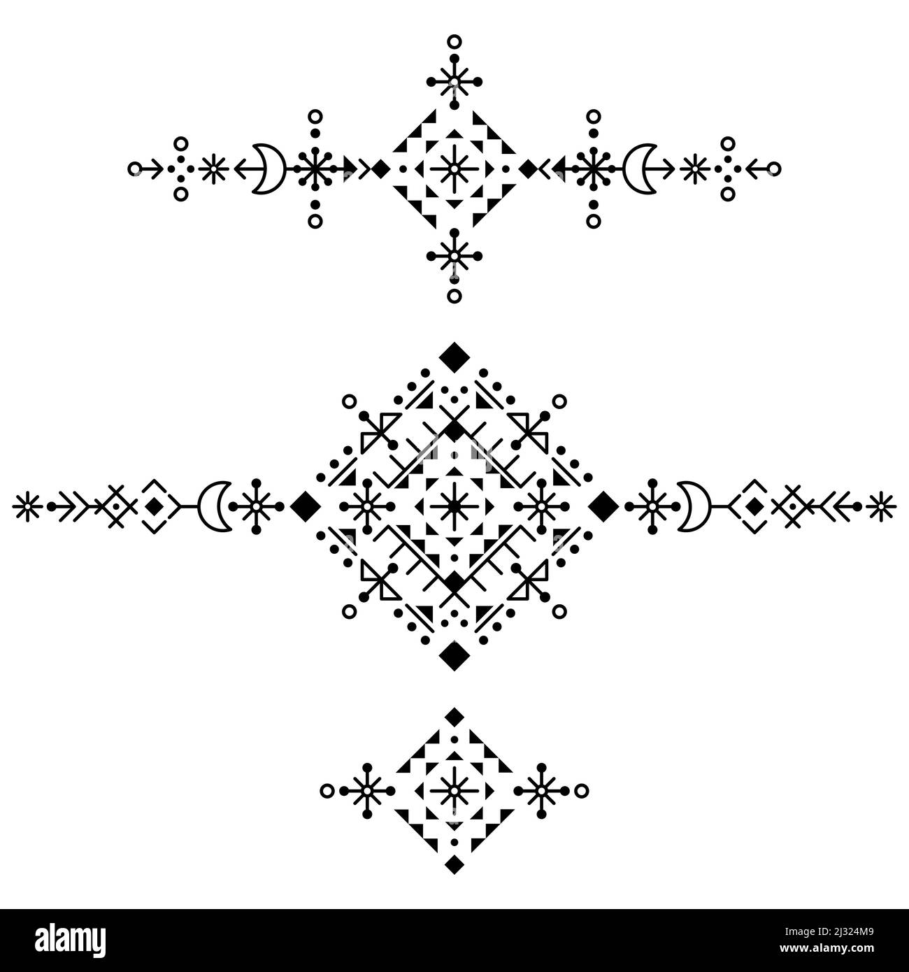 Isländische Rune Art Stil Tribal Linie Art Vektor langes Design mit Monden und geometrischen Formen, schwarz-weißen Ornamenten von Wikingermustern inspiriert Stock Vektor