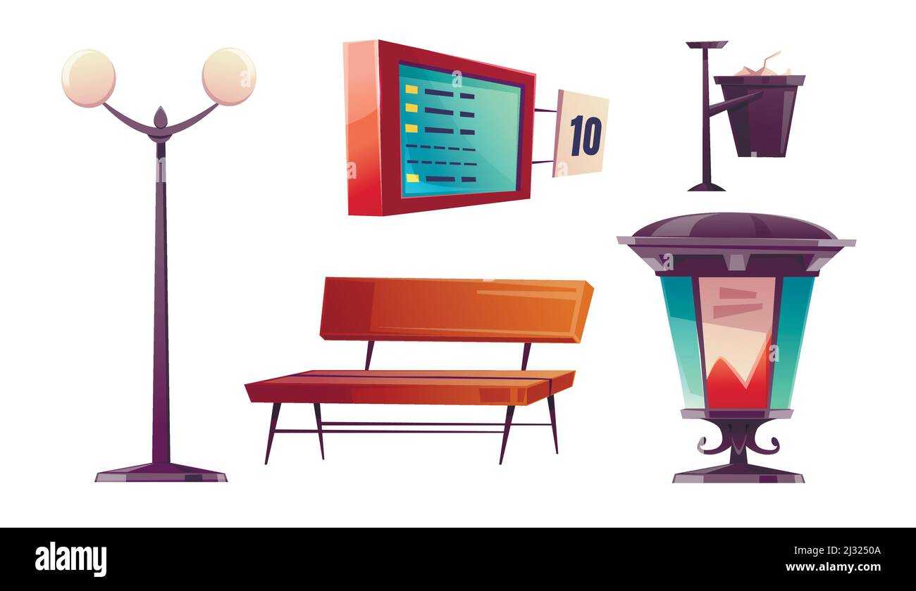 City-Bushaltestelle mit Bank und Zeitplan. Vektor Cartoon-Symbole Satz von Sitz, Straßenlaterne, Papierkorb und Werbung Plakatwand auf Busbahnhof Plattform isol Stock Vektor