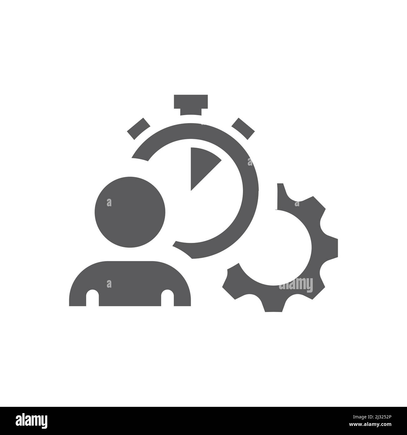 Schwarzes Vektorsymbol für Mitarbeiterleistung. Person, Uhr und Getriebe, Aufgaben und Zeitmanagement gefüllt Symbol. Stock Vektor