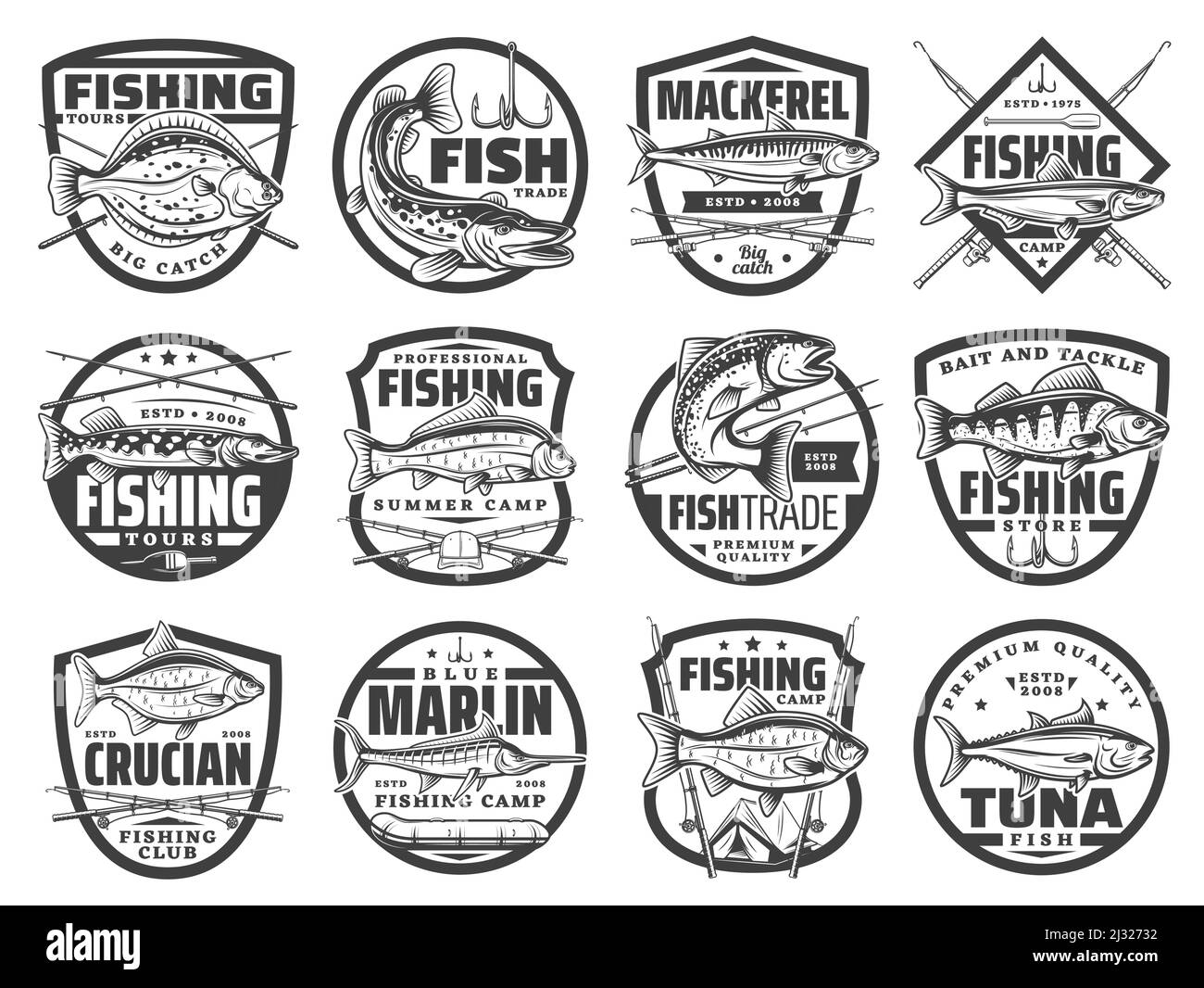 Angelsport-Ikonen, Fischerklub und Fischembleme, Vektorlachs und Thunfisch großer Fang. Angelturnier und Camp Badge singt, Ruten für Flusshecht, Ozeanmarlin und Seemakrele, Flunder und Barsch Stock Vektor