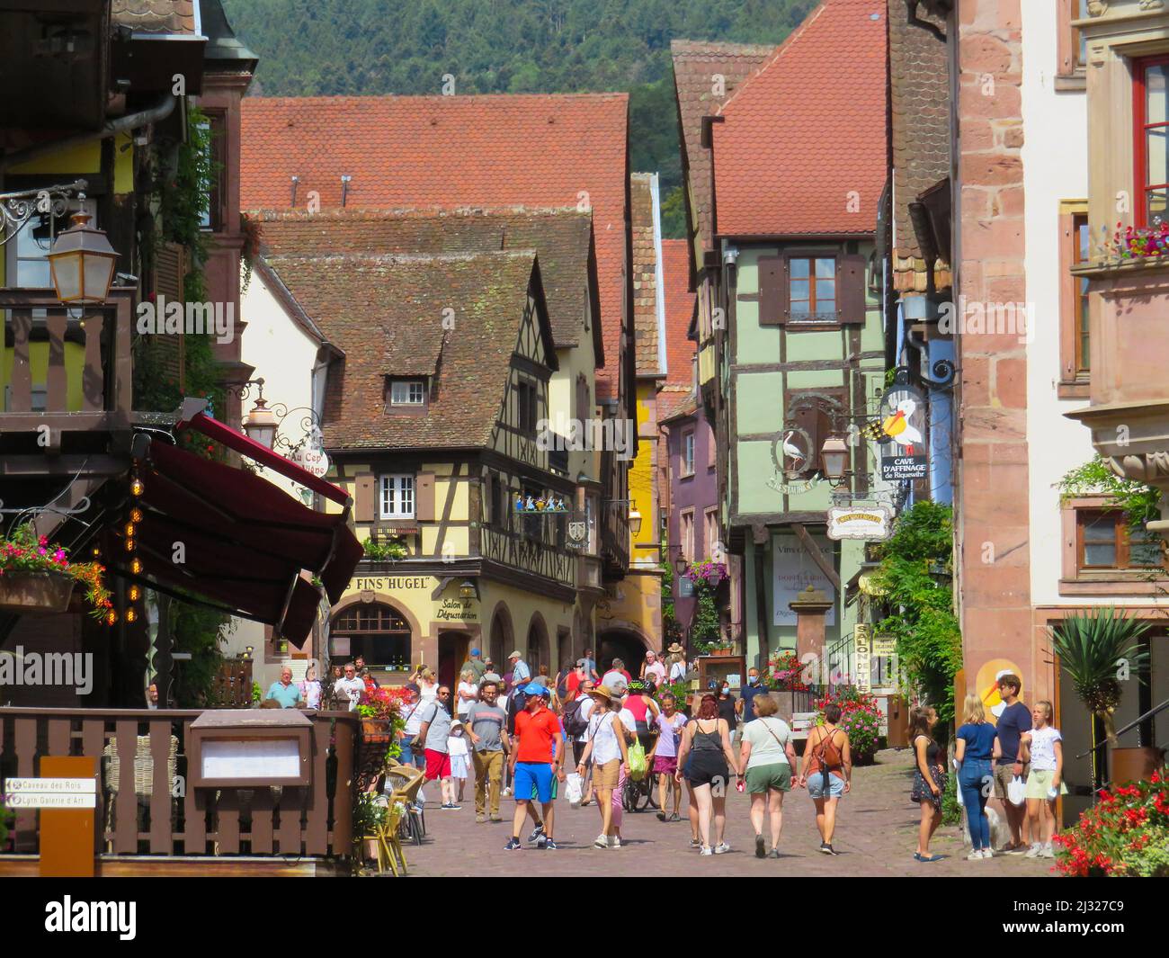 Frankreich, Riquewihr - Elsass, Haut Rhin. Straßenszene mit alten Fachwerkgebäuden in einer malerischen mittelalterlichen Stadt an der elsässischen Weinstraße. Stockfoto