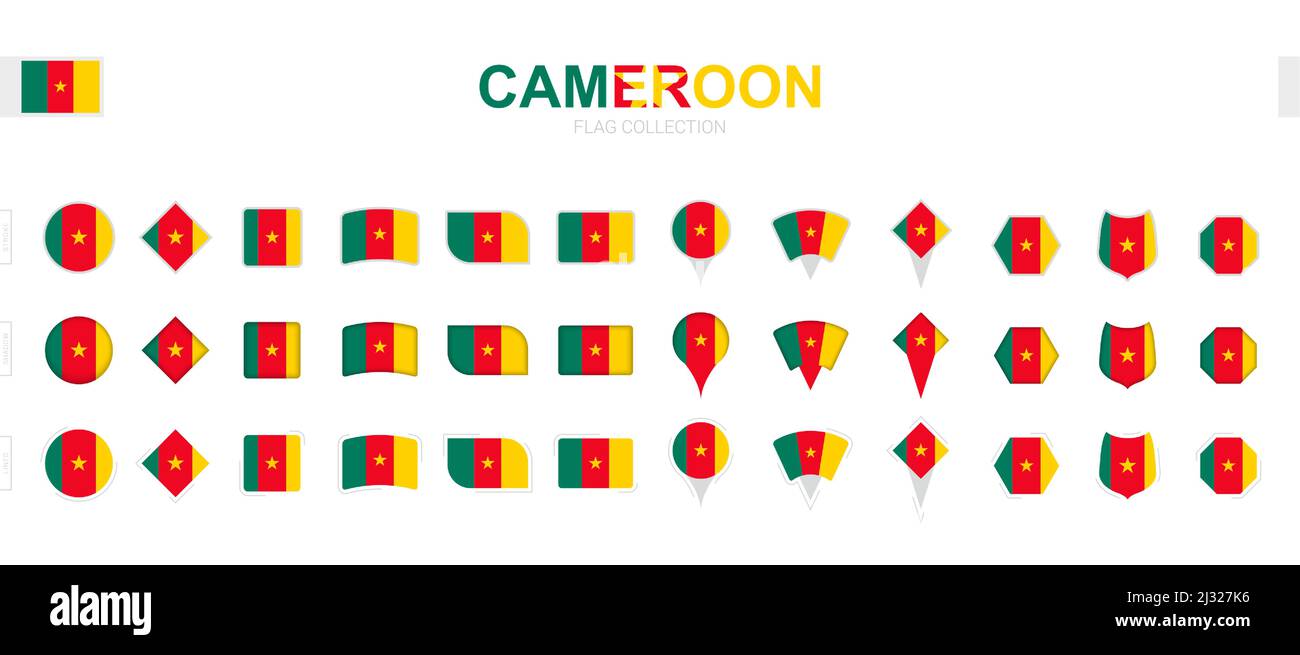 Große Sammlung von Kamerun Flaggen in verschiedenen Formen und Effekten. Großer Satz von Vektorflaggen. Stock Vektor