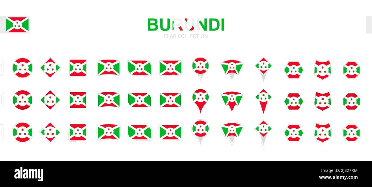Große Sammlung von Burundi Flaggen in verschiedenen Formen und Effekten. Großer Satz von Vektorflaggen. Stock Vektor