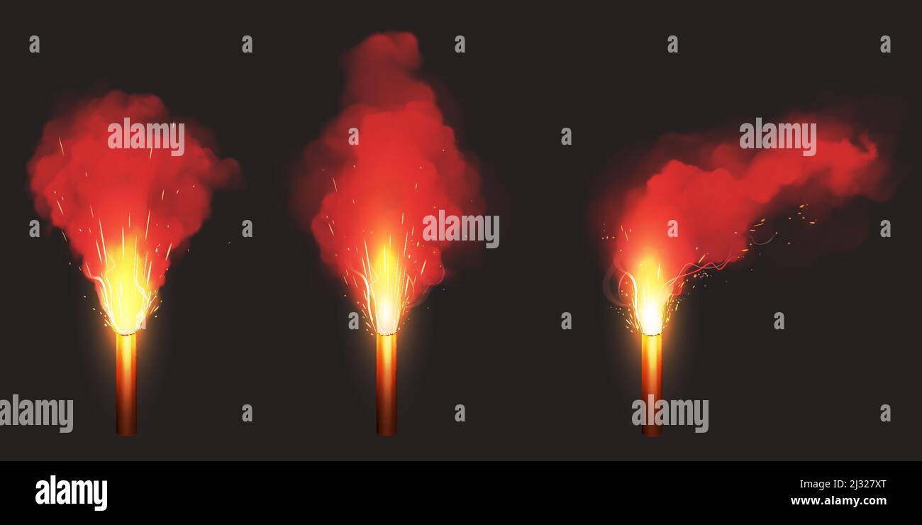 Brennen Sie rote Flare, Signal Licht für den Notfall auf der Straße oder auf See. Vektor realistische Satz von glühenden Fackel mit Funken und Farbe Rauch isoliert auf schwarzem Backgro Stock Vektor