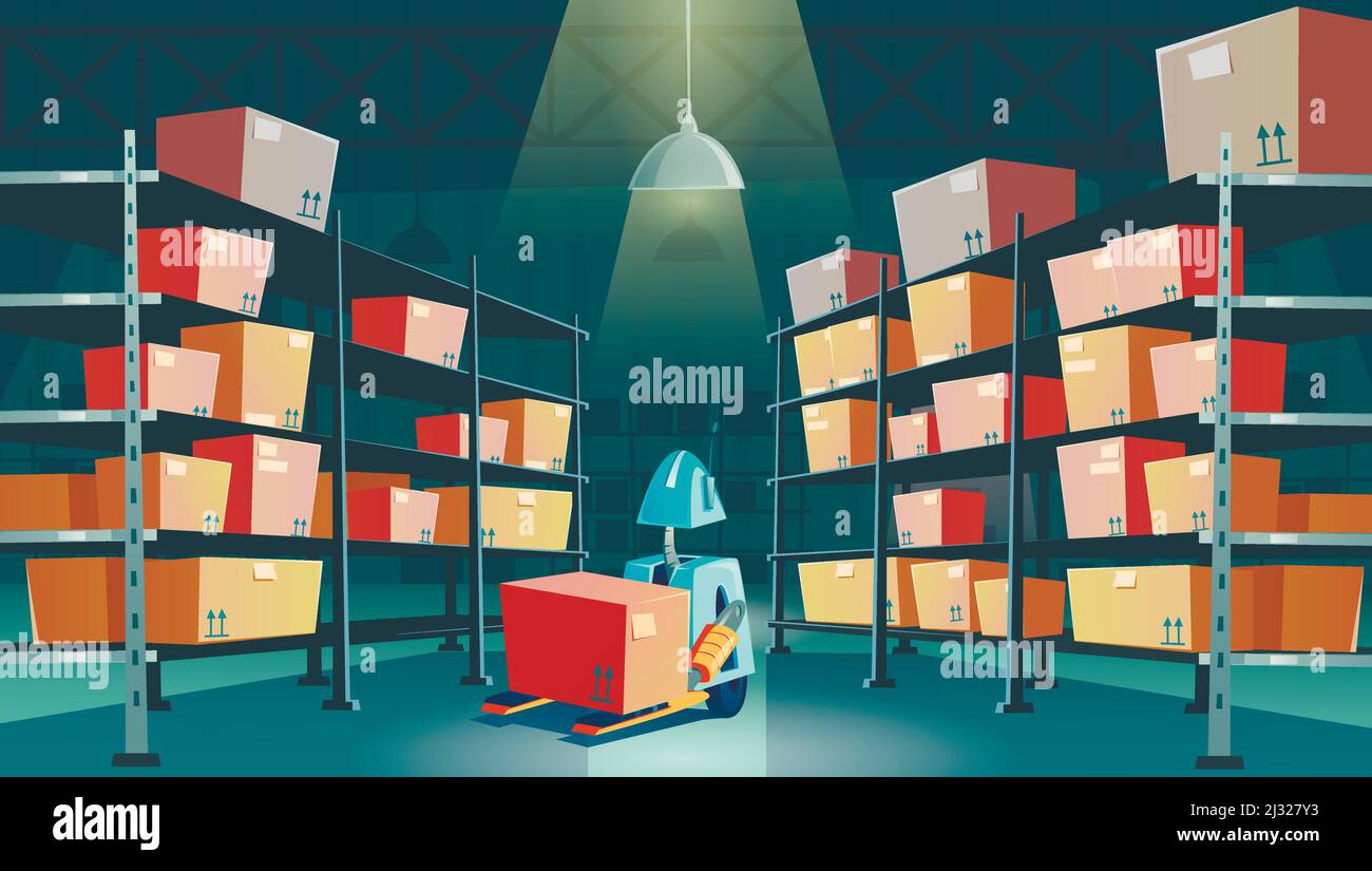 Lagerroboter mit Karton. Vektor Cartoon Innenraum des Roboters Lagerhaus mit Waren, Fracht und Pakete auf Metallregalen. Automatische Ladermaschine Stock Vektor