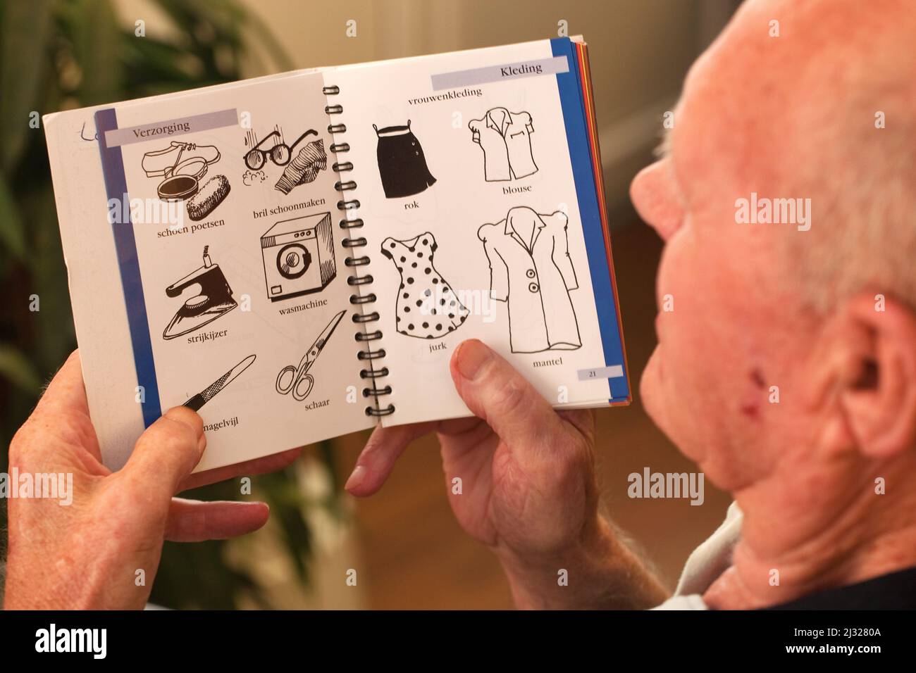 Niederlande, älterer Mann mit einem Problem, sich zu erinnern, schaut auf Illustrationen, um ihm zu helfen, sein Gehirn zu aktivieren. Die Broschüre ist eine Hilfe für Menschen mit Stockfoto