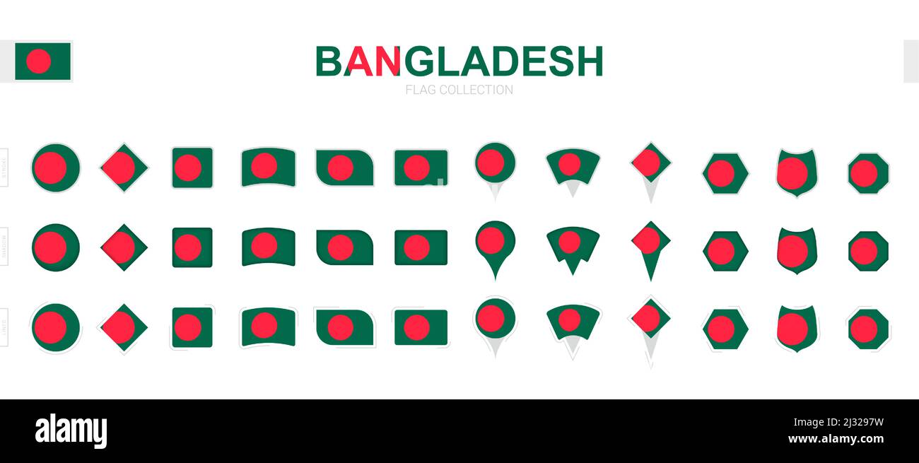 Große Sammlung von Bangladesh Flaggen in verschiedenen Formen und Effekten. Großer Satz von Vektorflaggen. Stock Vektor