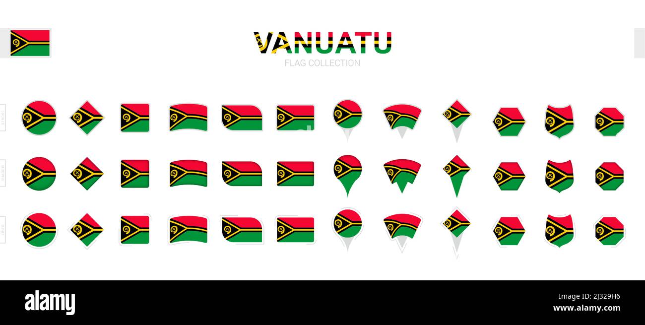 Große Sammlung von Vanuatu Flaggen in verschiedenen Formen und Effekten. Großer Satz von Vektorflaggen. Stock Vektor