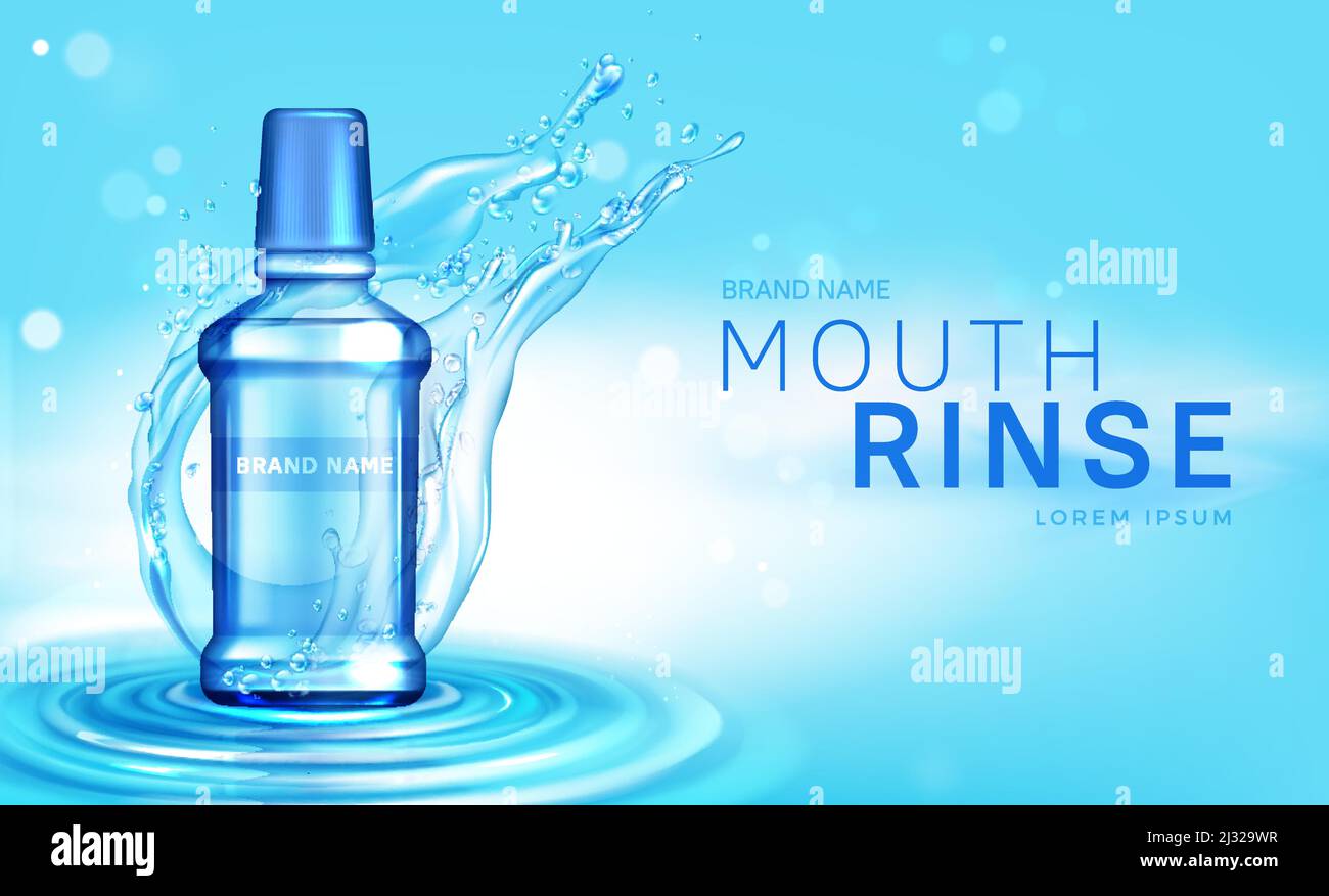 Spülwasser anzeigen. Zahnmedizin Poster Mundwasser frische Reinigung Wasser  Spritzer Vektor realistische Plakette Stock-Vektorgrafik - Alamy