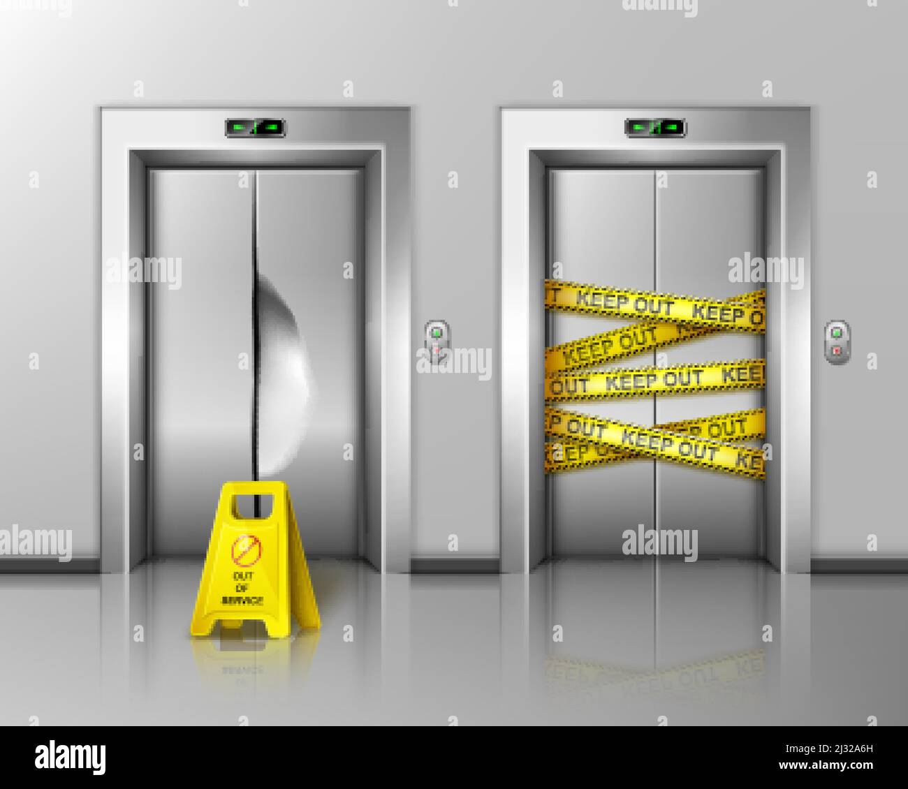 Kaputte Aufzüge wegen Reparatur oder Wartung geschlossen. Warnschild stehen in der Nähe von Aufzug beschädigte Türen mit Delle, Chrom-Metall-Türöffnung mit Warnin umwickelt Stock Vektor