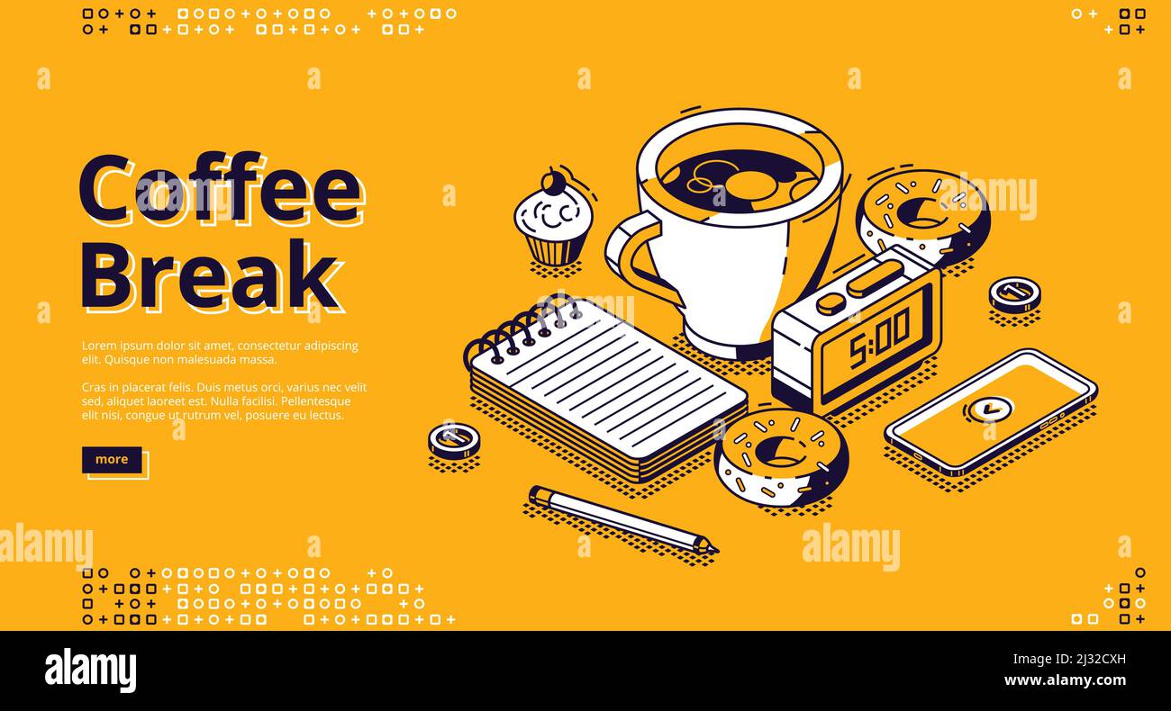 Isometrische Landing Page für Kaffeepausen. Tasse mit Heißgetränk, süßen Donuts, Smartphone, Notizblock und Wecker mit 5 Uhr auf Wählstand auf dem Tisch. Stock Vektor
