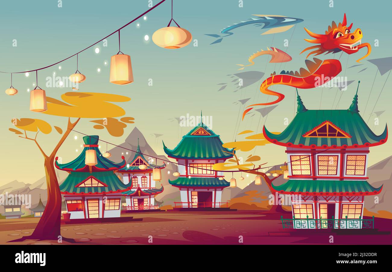 Weifang Drachenfest in China. Vektor Cartoon Landschaft des chinesischen Dorfes mit traditionellen Häusern, leuchten Laternen auf der Straße und fliegende Papier roten Drag Stock Vektor
