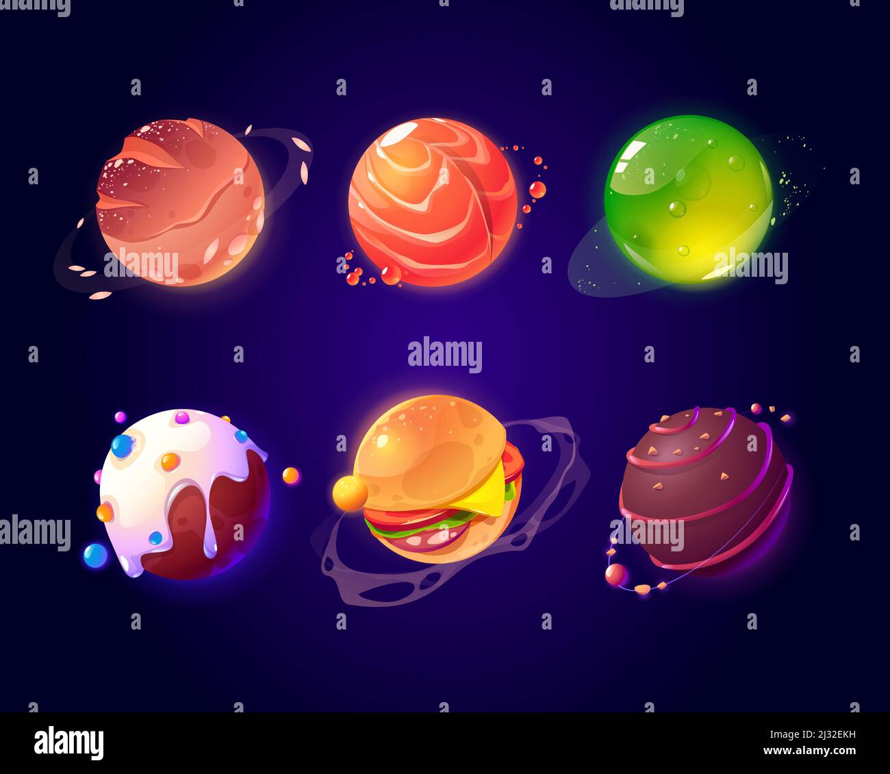 Nahrungs-Planeten im Weltraum. Vektor Cartoon lustige Reihe von Kugeln mit Donut, Gelee, Schokolade Süßigkeiten, Burger und Lachs Textur. Comic-Set von Fantasy t Stock Vektor