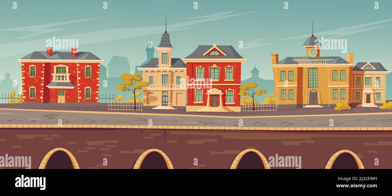 Stadtstraße aus dem 19. Jahrhundert mit gebäuden im viktorianischen Kolonialstil und Seepromenade. Vektor-Cartoon-Illustration der Stadt Landschaft mit alten V Stock Vektor