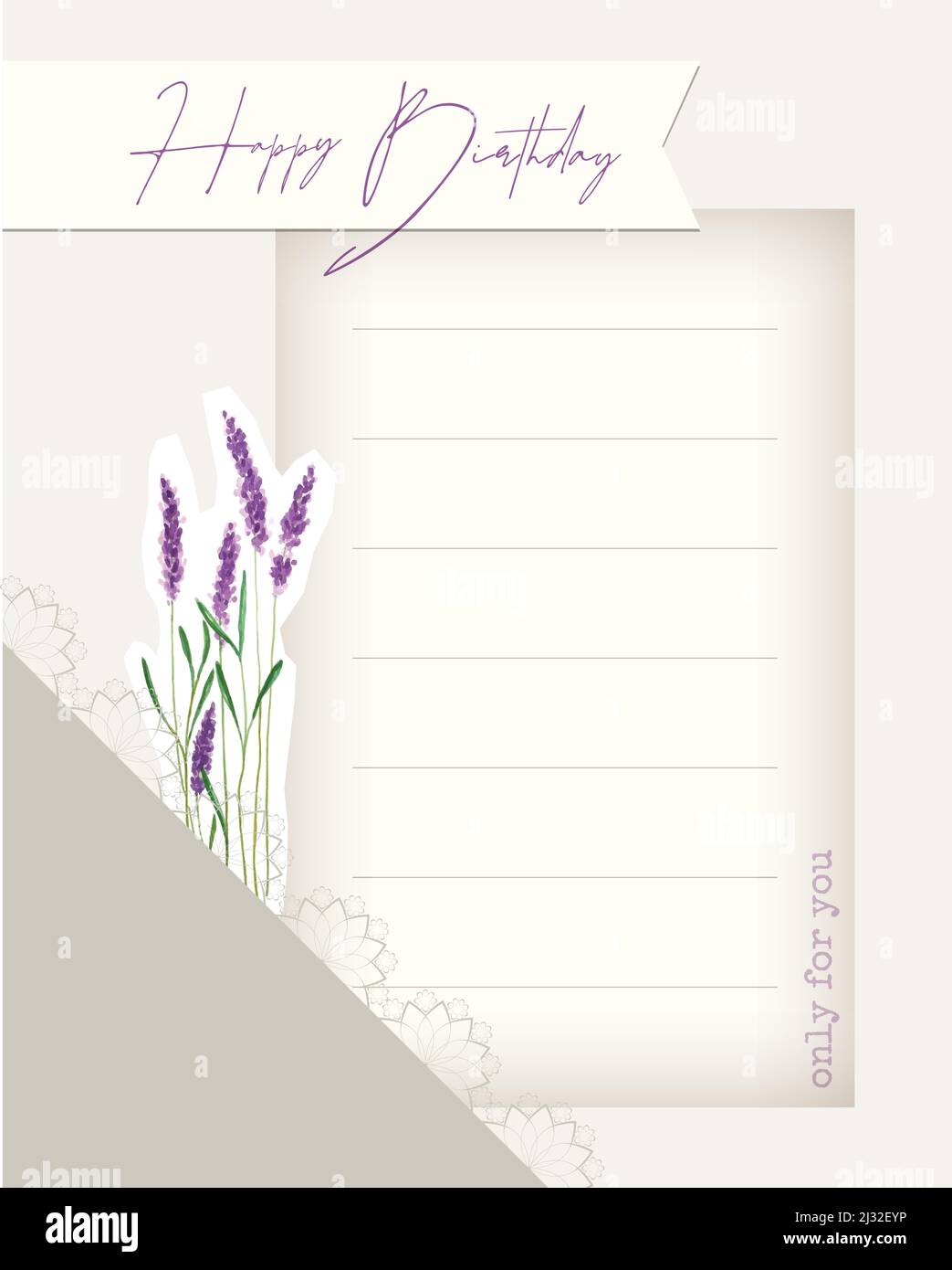 Happy Birthday Collage beige Postkarte Vintage Stil, Lavendel und Spitze Deckchen, Scrapbooking, für Herzlichen Glückwunsch. Vektorgrafik Stock Vektor