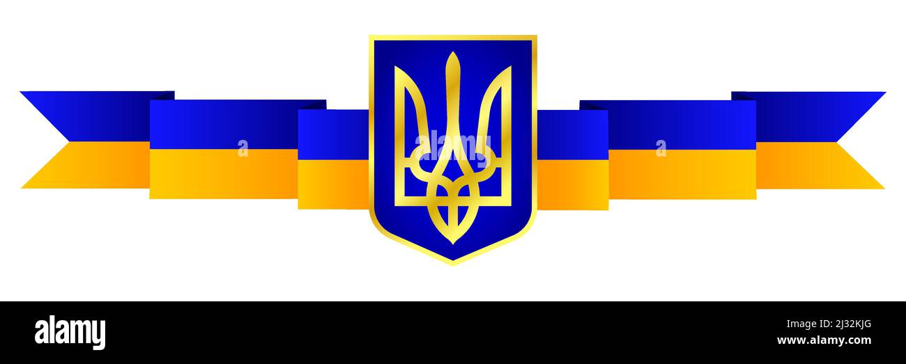 Ukrainisches Wappen. Staatssymbole der Ukraine. Wappen auf dem Hintergrund der Flagge. Vektorgrafiken Stock Vektor