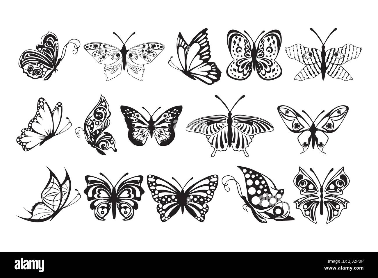 Illustration von vielen Schmetterlingen Muster. Black Sketch Butterflys auf weißem Hintergrund. Vektorgrafik Stock Vektor