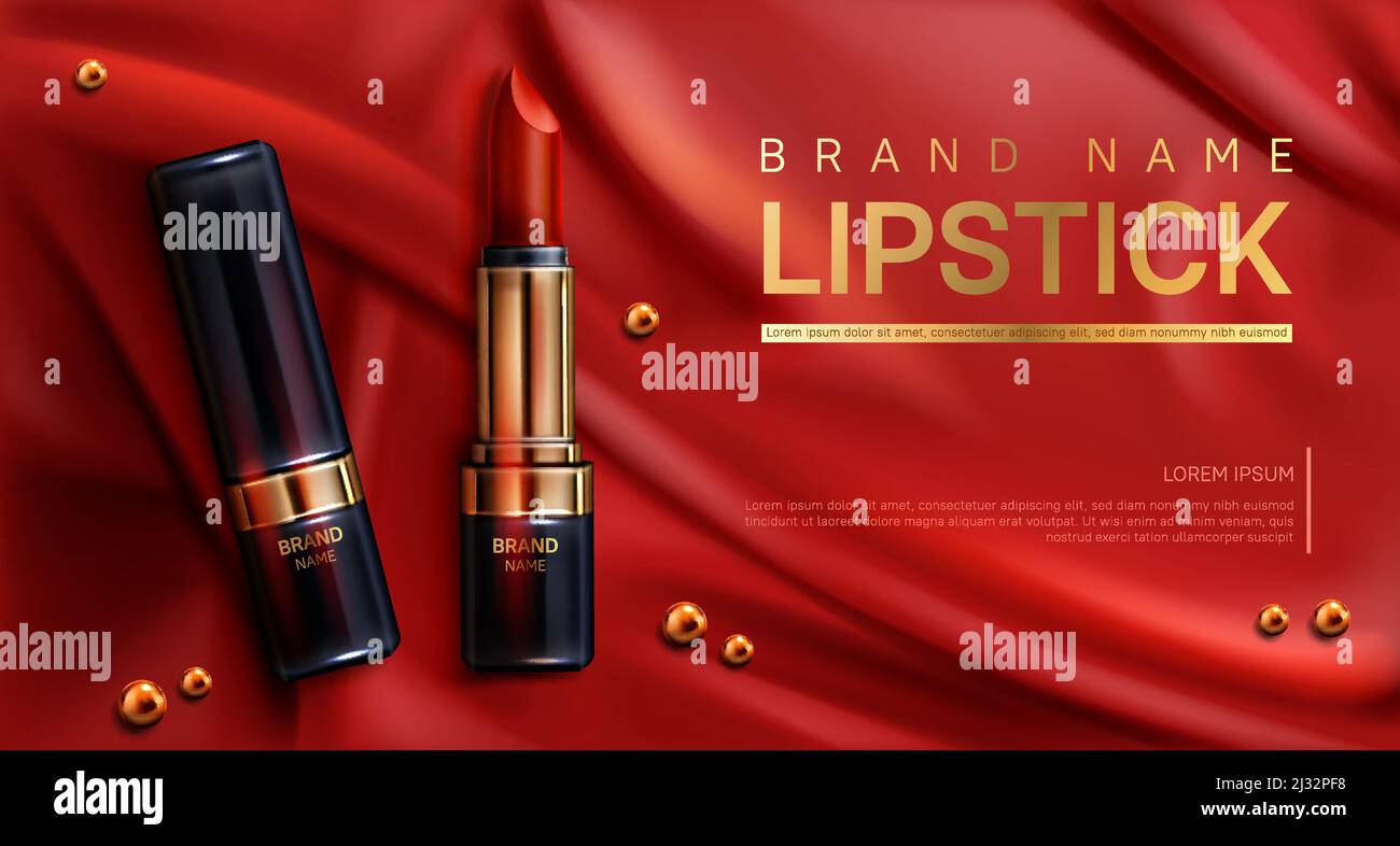 Lippenstift Kosmetik Make-up Schönheit Produkt Mockup Banner. Make-up Rouge auf rotem Seidendrapierten Stoff Hintergrund mit verstreuten goldenen Perlen. Luxus-Angebot Stock Vektor