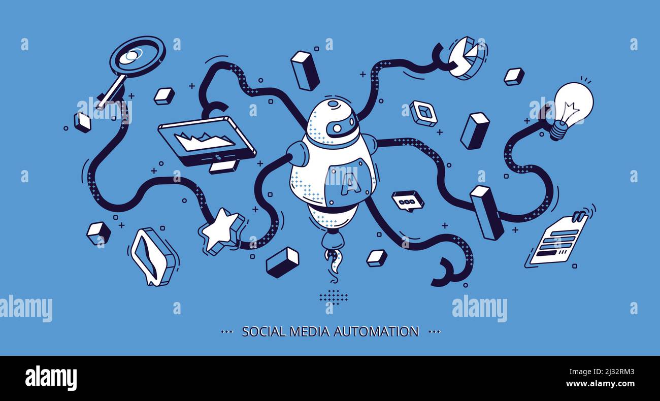 Isometrisches Banner für Social Media Automation. Internet-Technologie-Tools für SEO, digitale Inhalte. Octopus Roboter mit vielen Händen halten Business Attribut Stock Vektor