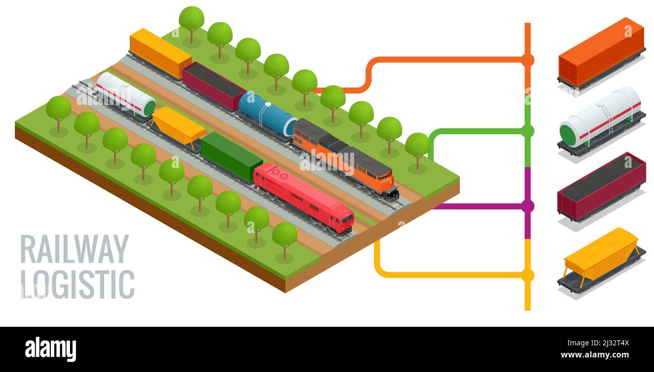 Isometrische Diesellokomotive, Schienenfahrzeug, Tanks, Fracht, Zisternen, Open Rail Car für den Transport von Bulk-Ladungen. Transport von Kohle Stock Vektor