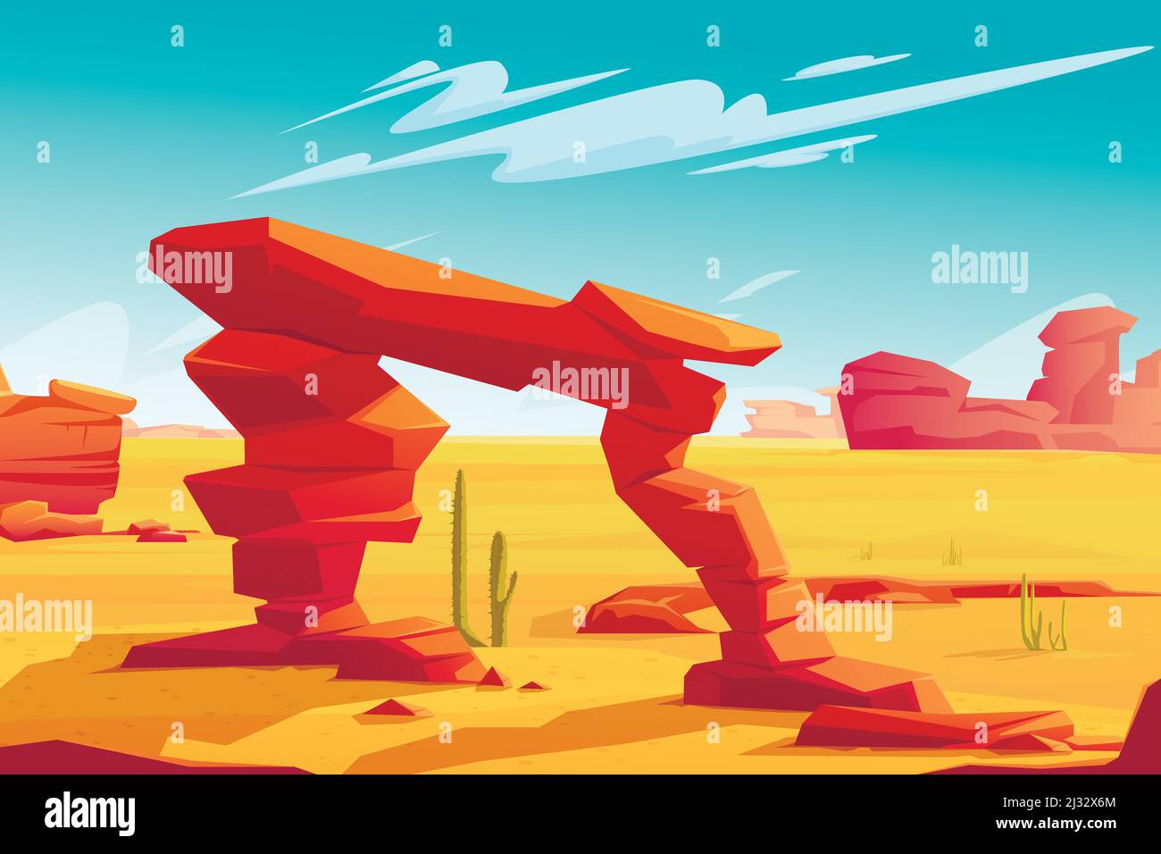 Wüstenbogen auf natürlichem Hintergrund der heißen Wüstenlandschaft mit gelbem Sand, roten Bergen, blauem Himmel mit hellen Wolken und grünen Kakteen, Wildnis Bann Stock Vektor