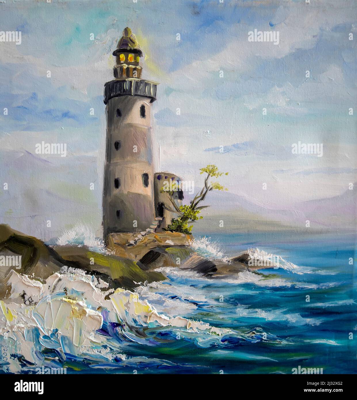 Leuchtturm am Meer. Ölgemälde mit Pinselstrichen. Stockfoto