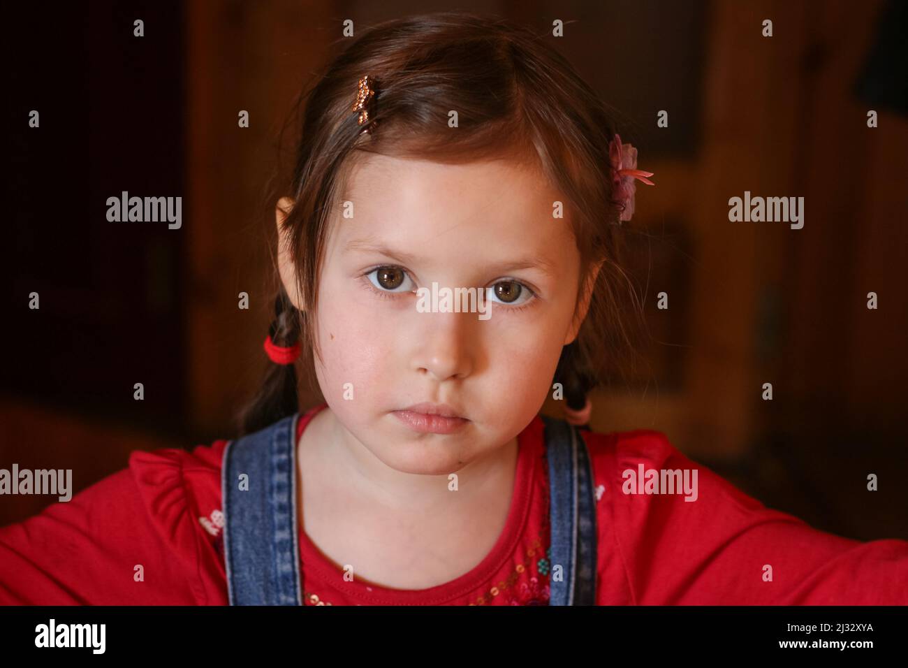 Porträt eines jungen fünfjährigen Mädchens mit ausdrucksstarken Augen und reiner Unschuld. Ein Porträt eines kleinen Mädchens mit einem ernsten Gesichtsausdruck Stockfoto