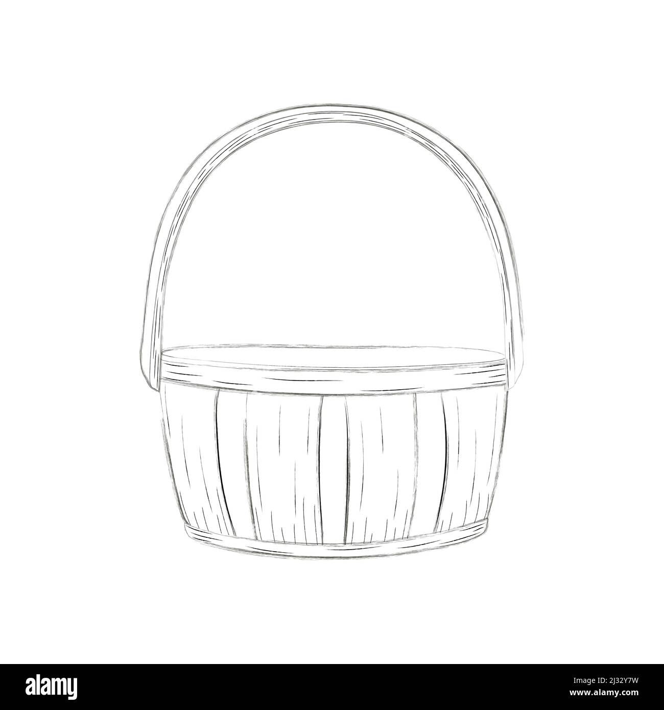 Handgezeichneter Korbkorb isoliert auf weißem Hintergrund.Ovaler hoher Korb für ein Picknick, zum Sammeln von Pilzen und Beeren, zu Ostern, für einen Urlaub Stock Vektor
