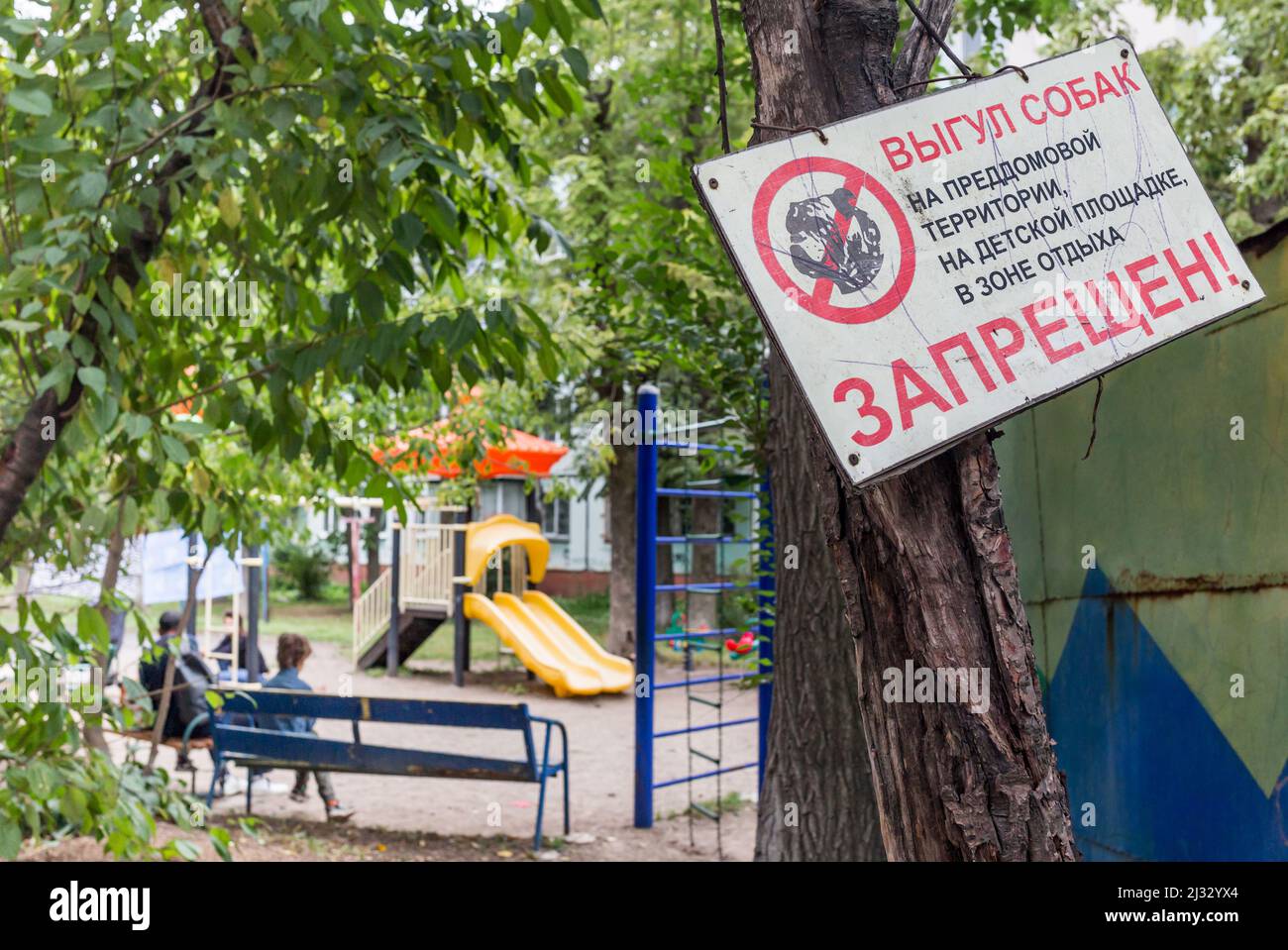 Warnschild für Hunde im Innenhof nicht erlaubt. Hundeverbotsschild. Inschrift „Hunde gehen ist verboten“ (auf Russisch), um zu verhindern, dass Hunde in der Umgebung laufen. Stockfoto