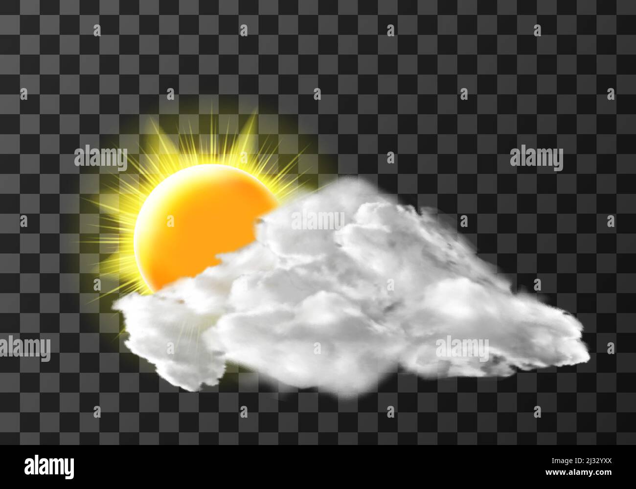Sonne Licht Wolke Abdeckung Wetter Meteo Symbol realistische Vektor-Illustration. Realistische Elemente für Wettervorhersage, Sonne und weiße Wolke, isoliert auf tran Stock Vektor