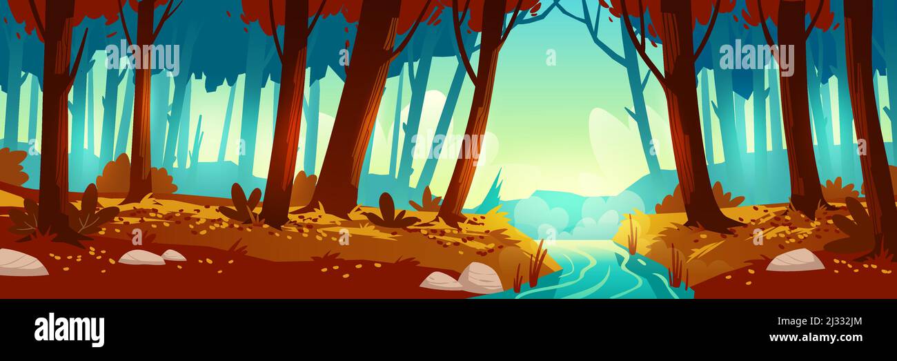 Fluss fließt durch Herbstwald. Vektor Hintergrund der Naturlandschaft mit Orangenbäumen, Blätter fallen und Wasserstrom. Cartoon-Illustration von wi Stock Vektor