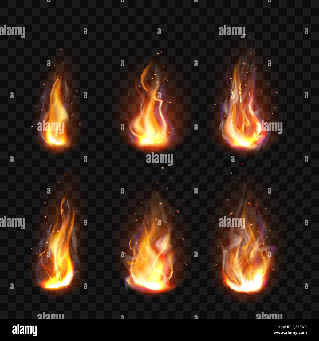 Realistische Feuer, Fackel Flamme Symbole isoliert auf transparentem Hintergrund gesetzt. Brennendes Lagerfeuer oder Kerzenflammen Effekt, leuchten orange und gelb leuchtenden Flar Stock Vektor