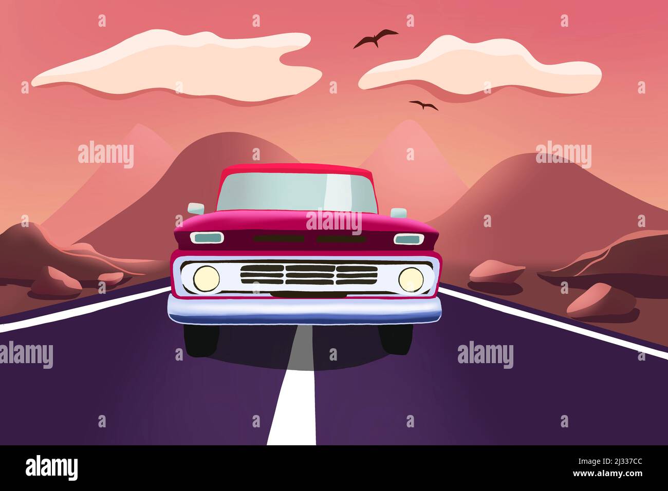 Illustration eines klassischen Automobils auf einer Reise auf dem Land gegen den bewölkten Himmel. Hochwertige Illustration Stockfoto