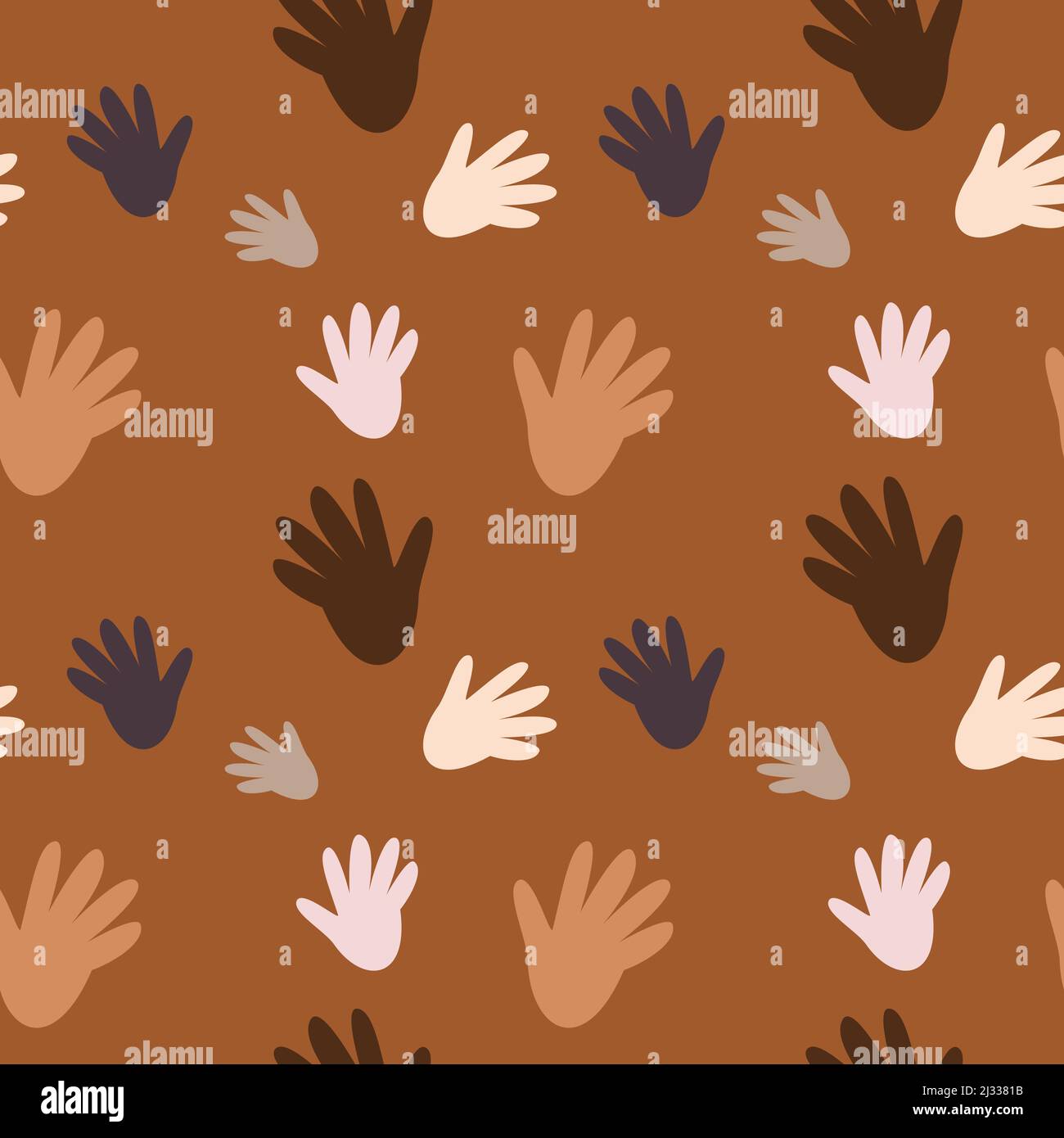 Nahtloses Muster auf braunem Hintergrund. Gleiche Hände, verschiedene Farben, verschiedene Größen. Mit Farben rosa, weiß, braun und grau Stock Vektor