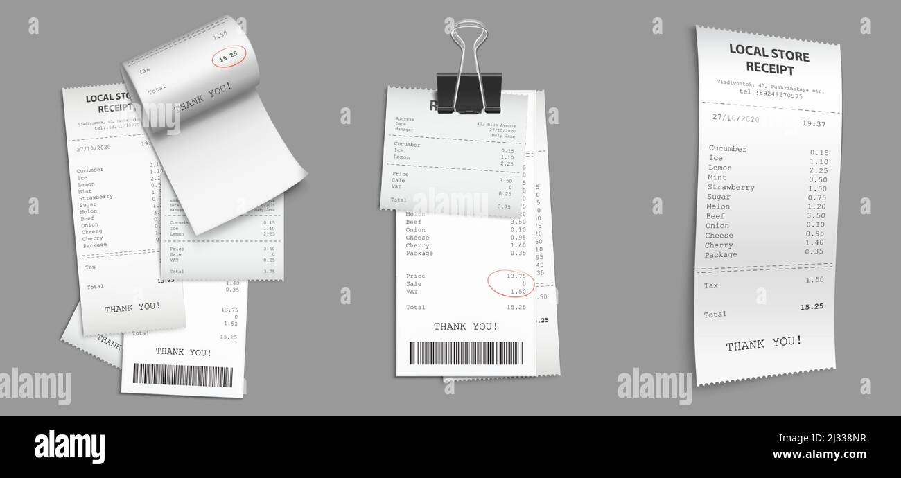 Ladenbelege, Papierbarschecks mit Barcode. Vektor realistische Satz von Kaufrechnungen, Stapel von gedruckten Rechnungen. Einkaufschecks mit Binderclip iso Stock Vektor