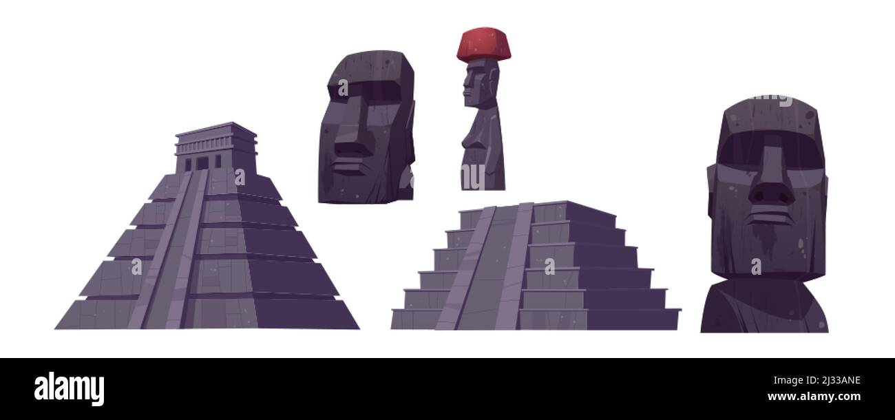 Alte maya-Pyramiden und Moai-Statuen von der Osterinsel. Vektor-Cartoon-Set von südamerikanischen Wahrzeichen, Chichen Itza und Kukulkan Tempel, Stein s Stock Vektor