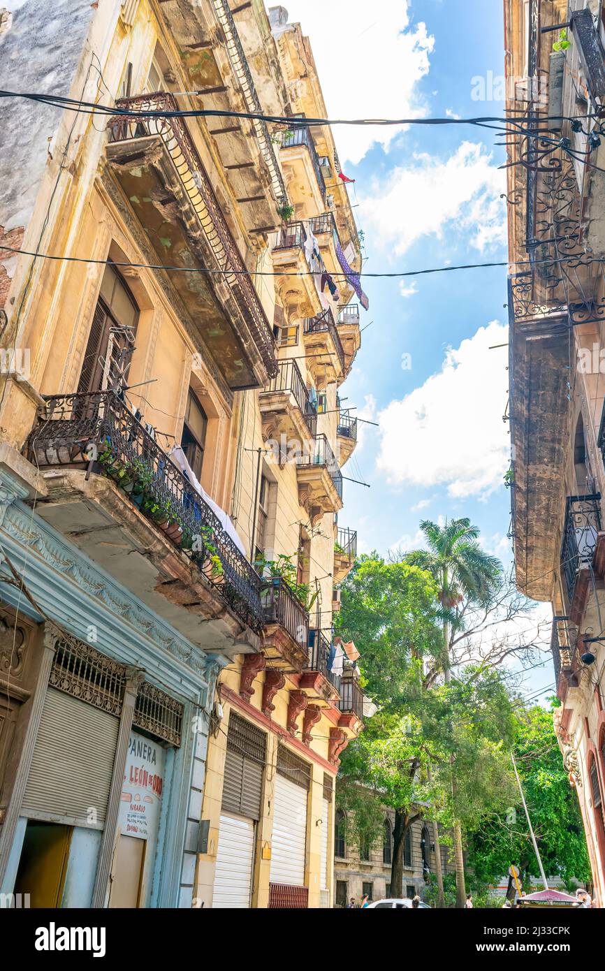 Vertikale nehmen Sie heruntergekommenen Gebäuden im Stadtzentrum von Havanna auf. Die Szene ist in der Hauptstadt der kommunistischen Karibikinsel verbreitet. Stockfoto