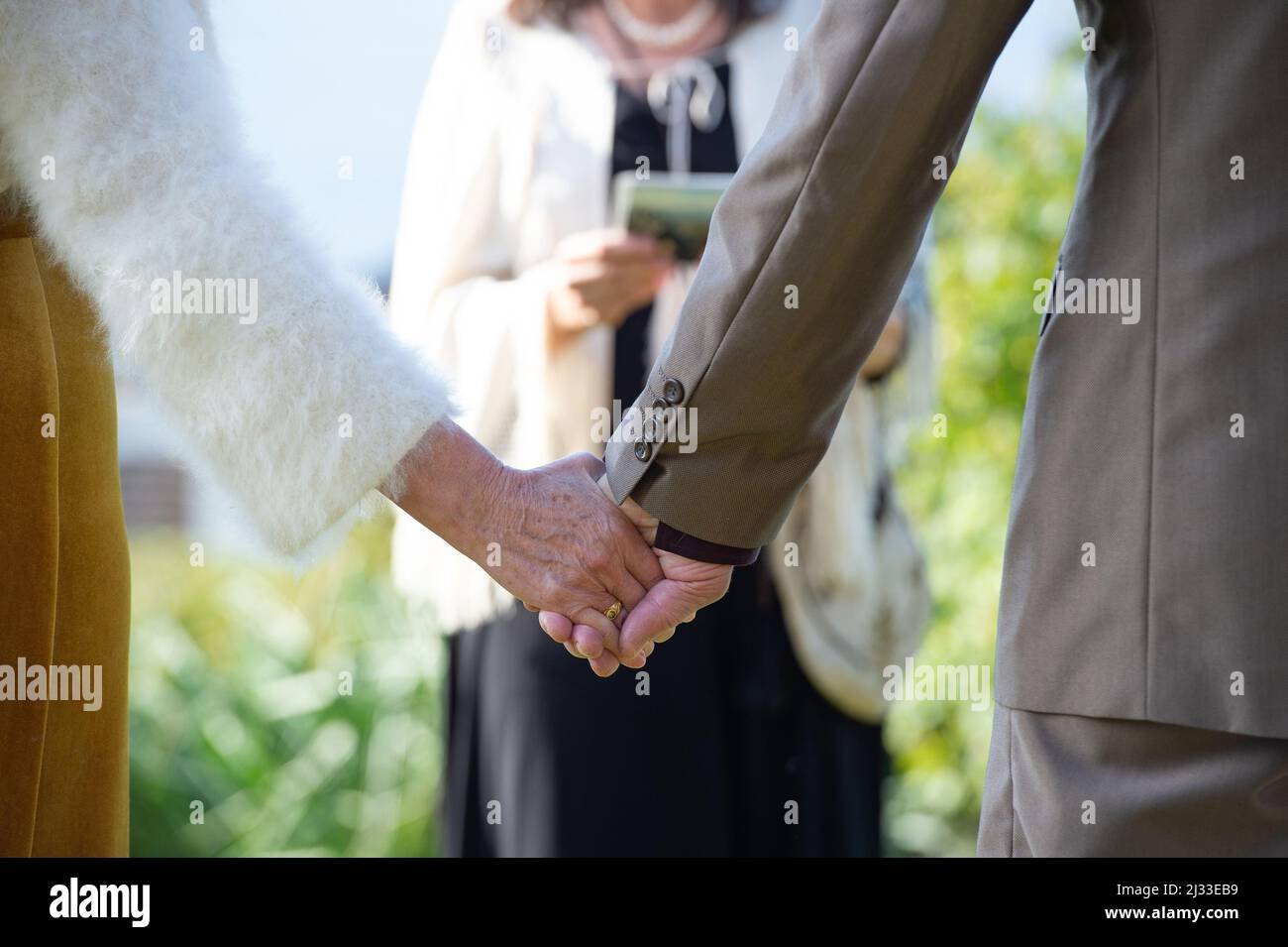 Ältere Braut und Bräutigam halten sich während ihrer Hochzeitszeremonie mit dem Amtsträger die Hände. Wieder heiraten im Leben. Beim Beamten stehen. Stockfoto