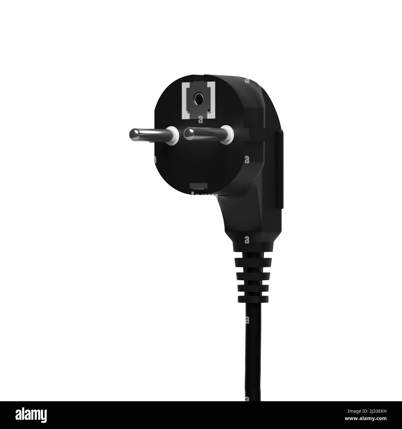 3D Abbildung eines elektrischen Steckers mit einem isolierten Draht auf weißem Hintergrund. Nahaufnahme Stockfoto