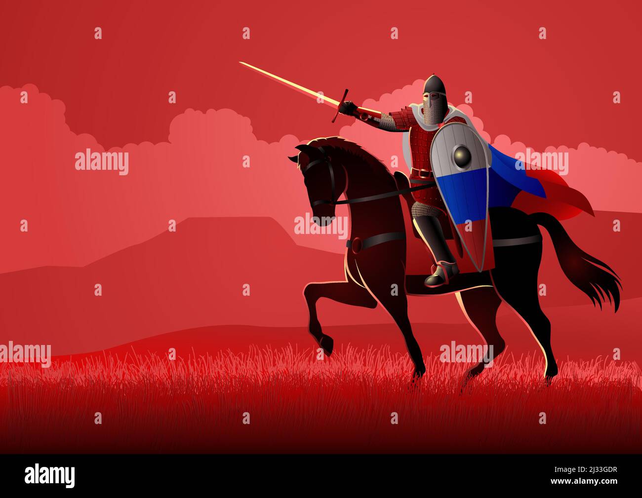 Vektor-Illustration des mittelalterlichen slawischen Ritters auf dem Pferd Stock Vektor