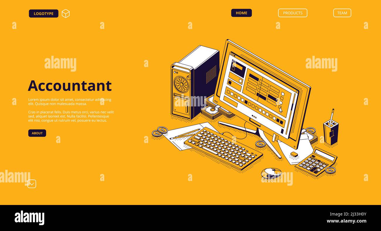 Isometrische Zielseite des Buchhalters. Monatliche wiederkehrende Einnahmen und Steuerberechnung. Computer-Desktop mit Budget oder Zahlungstabelle auf dem Bildschirm und Kalkül Stock Vektor