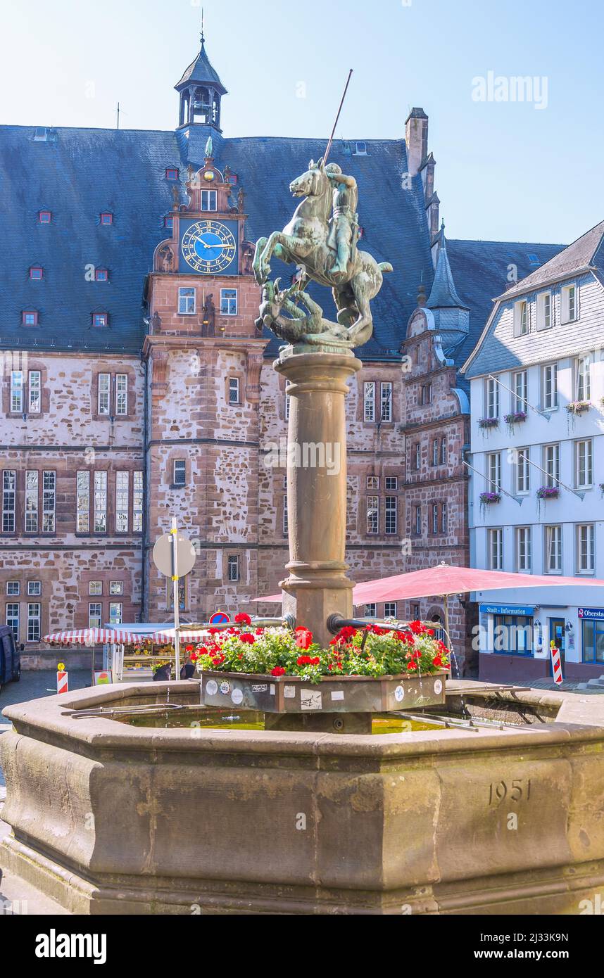 Marburg an der Lahn; Marktplatz, Marktbrunnen, Rathaus Stockfoto